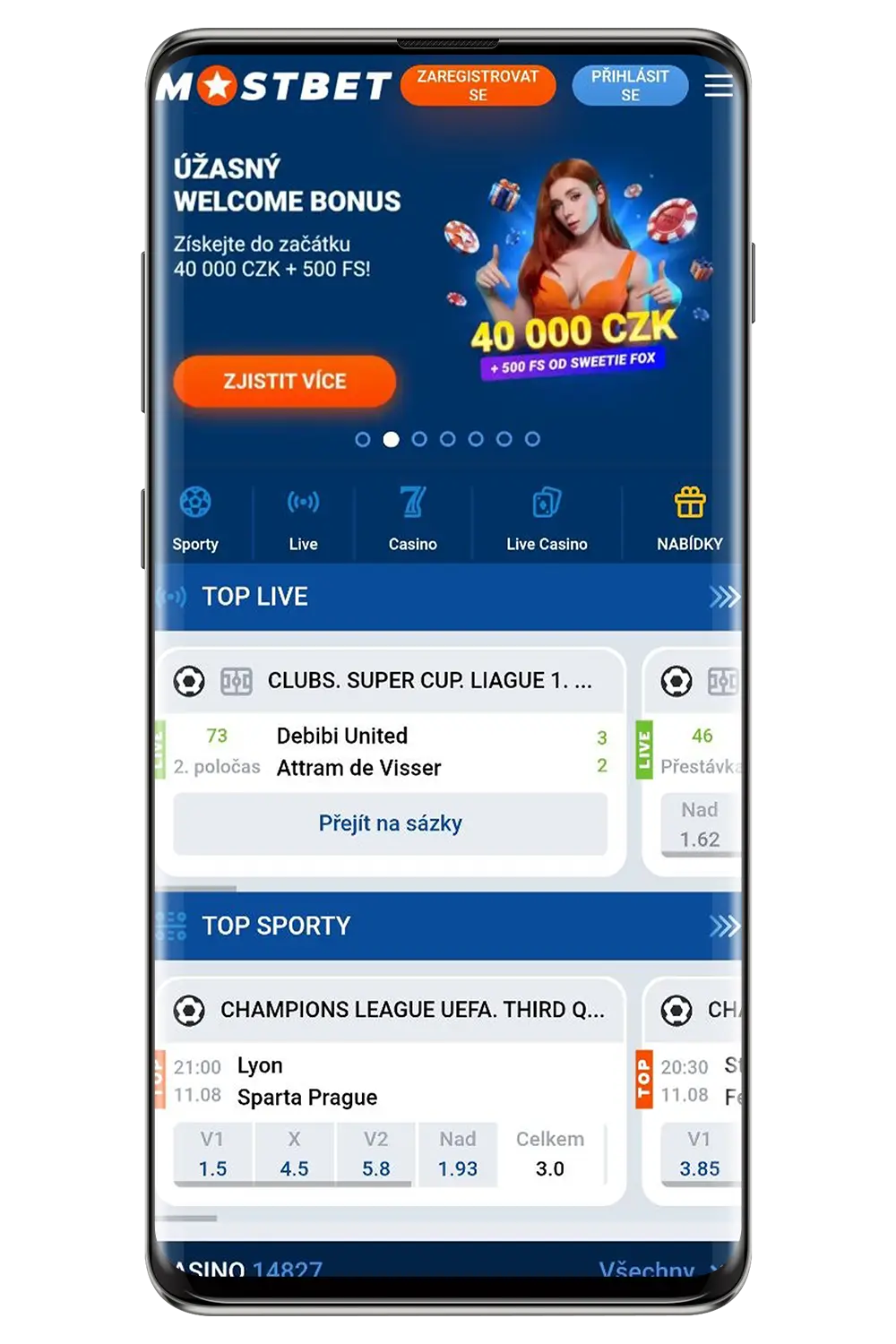 Snímky obrazovky z kasina na mobilním zařízení